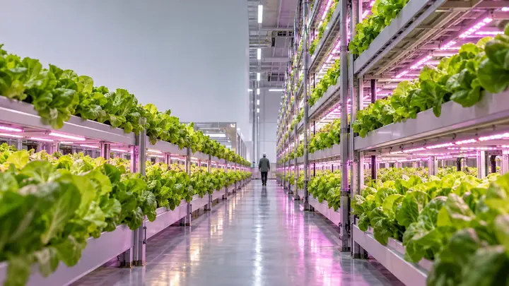 Commercial indoor vertical farm with multi-tier racks of lettuce under LED grow lights